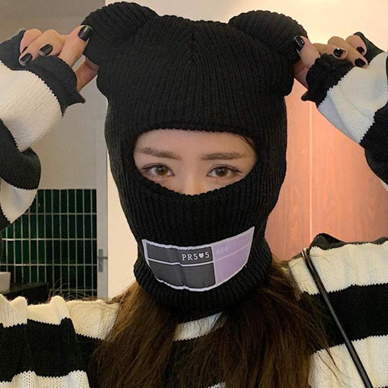 Letter Print Bear Ears Knitted Hat  |   Hats & Scarfs Accessories Black