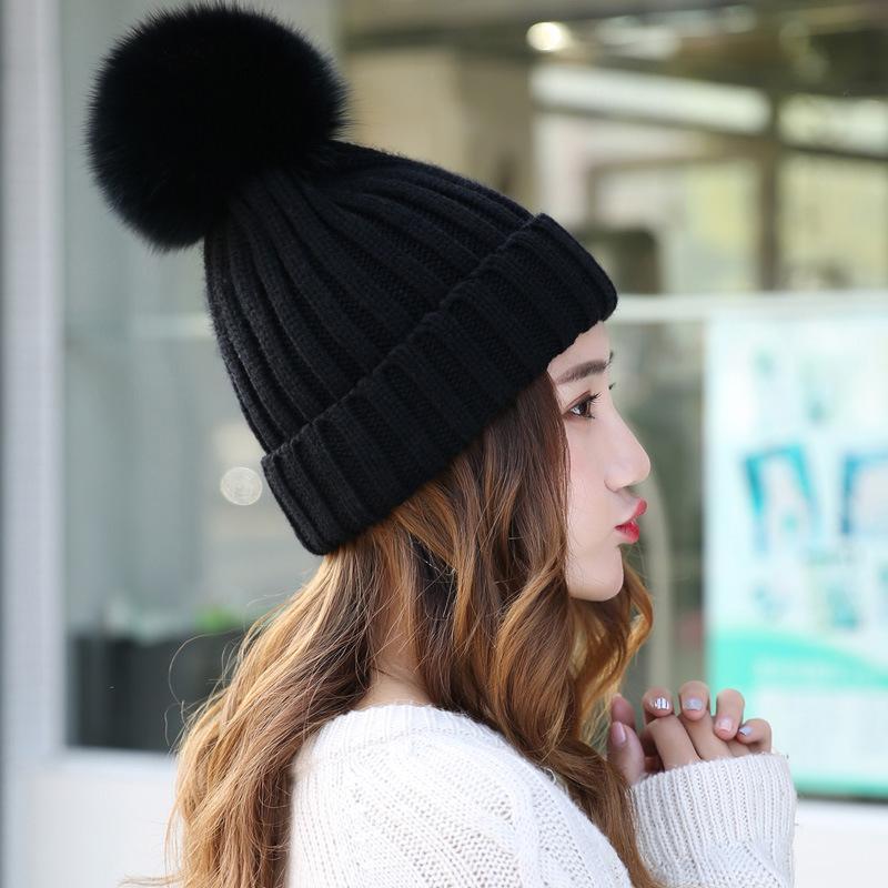 Winter Knit Beanie Hat Detachable Warm Fur Pom Pom  |   Hats & Scarfs Accessories Black A