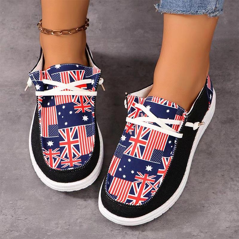 Flag Print Flat Round Toe Low Top Canvas Shoes  |   Sneakers Shoes Black