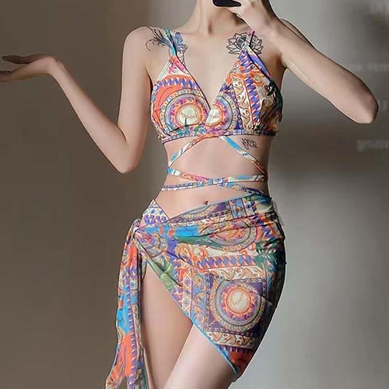 Irregular Vintage Print Bikini Swimsuit Three Piece Set  |   Swimwear Multicolor