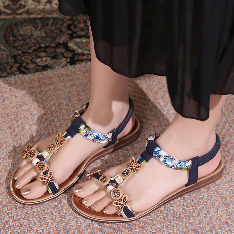 Vintage Beaded Open Toe Boho Ankle Strap Flat Sandals  |   Sandals Sandals Apricot