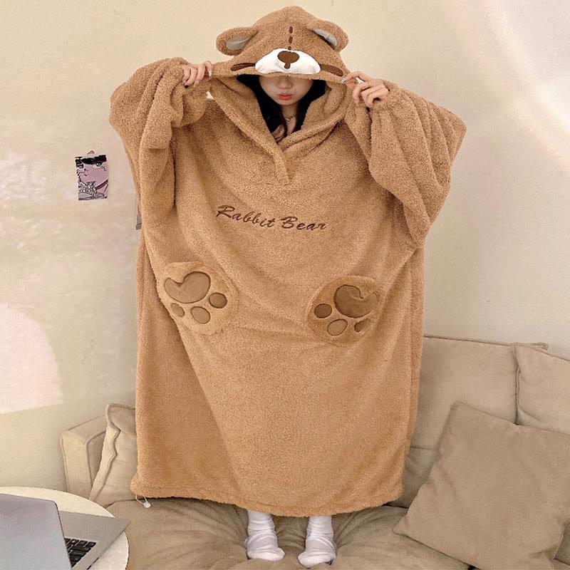 Bear Plush Hooded Loose Jumpsuit Pajamas Dress  |   Pajamas Clothing Brown