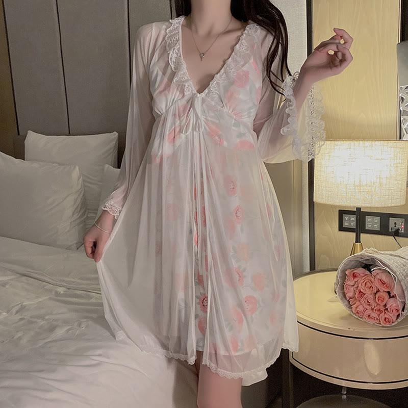 Bow Flower Print Deep V-Neck Robe Slip Pajamas Dress  |   Pajamas Clothing Dress