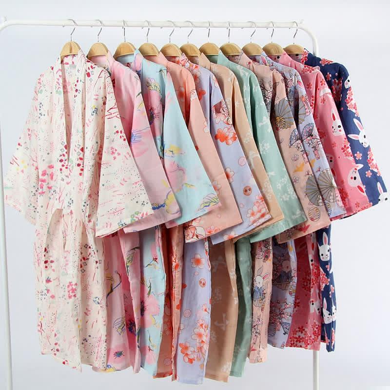 Cartoon Bunny Sakura Print V-Neck Kimono Robes  |   Pajamas Clothing A-White