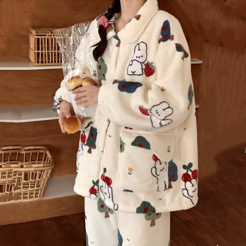 Cartoon Bunny Tree Print Pocketed Flannel Lapel Pajamas Set  |   Pajamas Clothing Pajamas