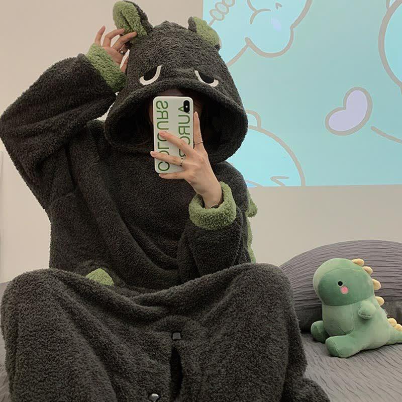 Cute Cartoon Dinosaur Plush Hooded Jumpsuit Pajamas  |   Pajamas Clothing Black