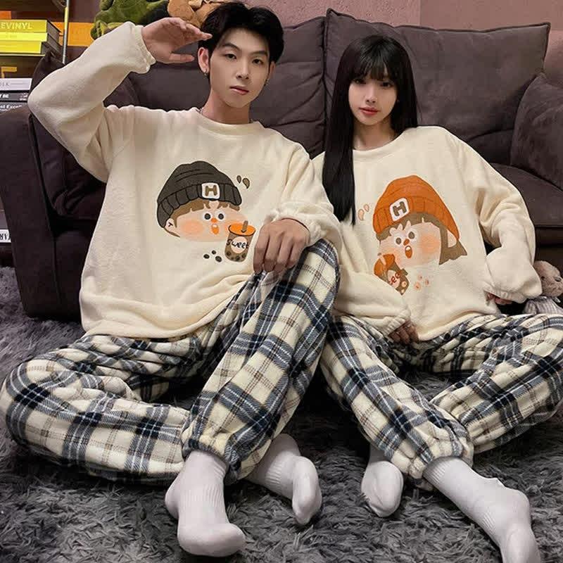 Girlfriend Boyfriend Cartoon Print Plush Pajamas Set  |   Pajamas Clothing A(Men)