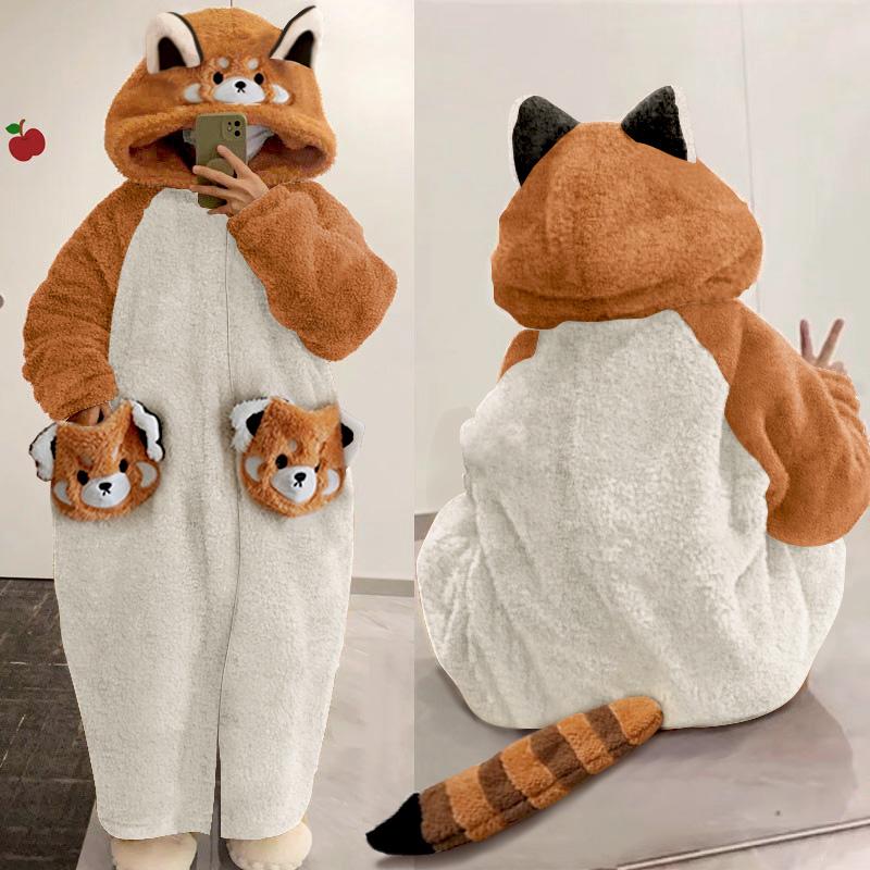 Kawaii Cartoon Red Panda Plush Hooded Pajamas Robe  |   Pajamas Clothing Brown