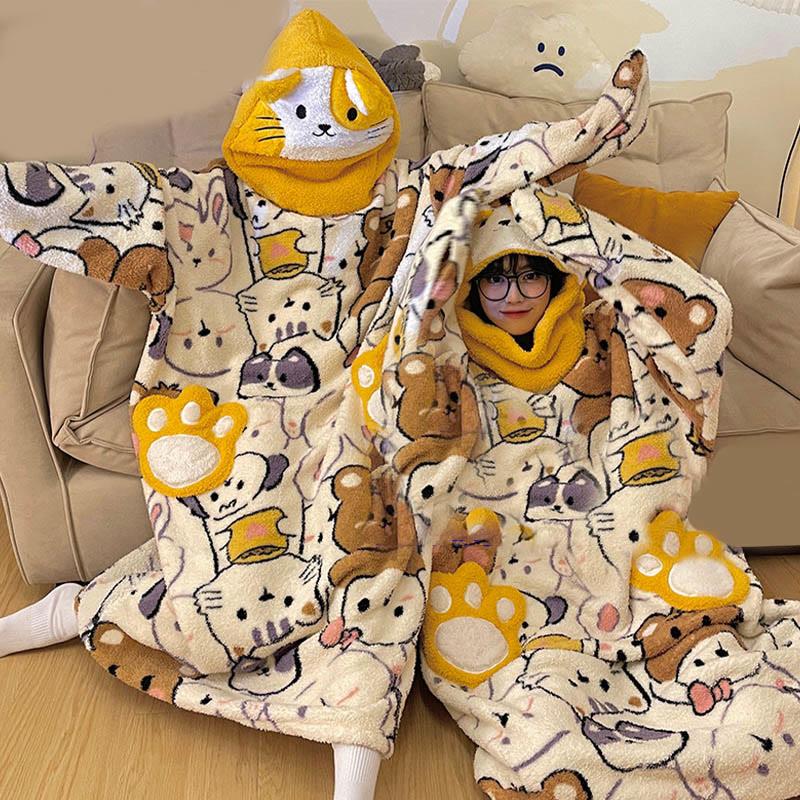 Kitty Print Plush Hooded Loose Jumpsuit Pajamas Dress  |   Pajamas Clothing Apricot