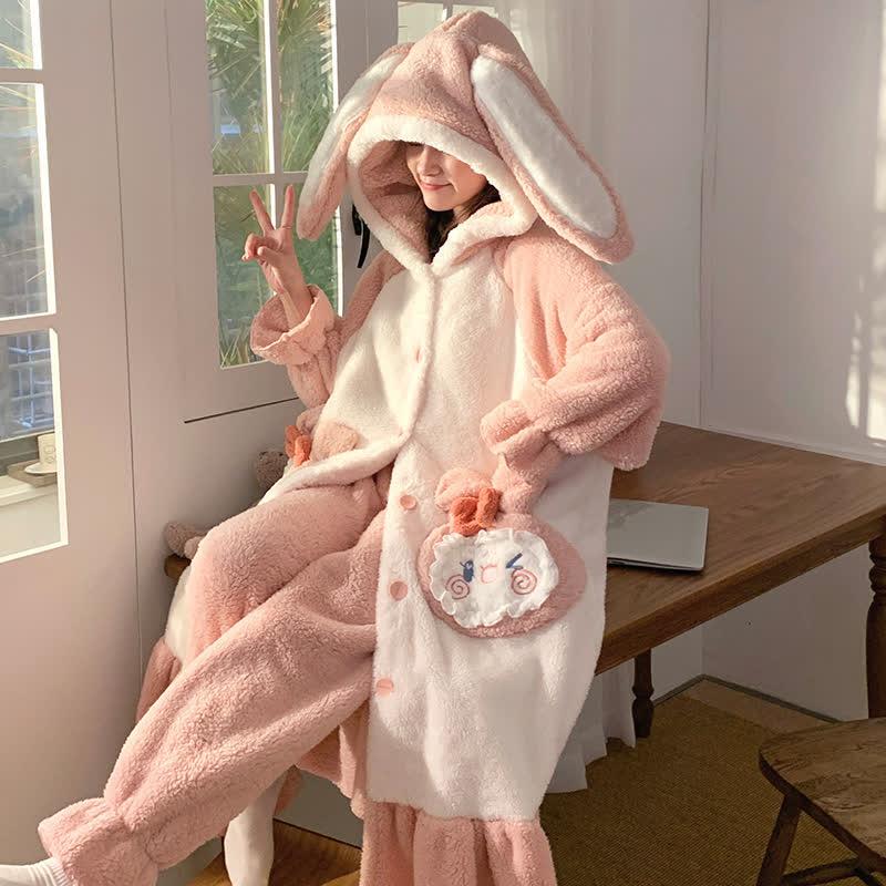 Lovely Cartoon Long Bunny Ears Plush Hooded Pajamas Set  |   Pajamas