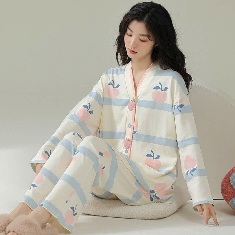 Peach Cherry Tomato Print V-Neck Cotton Home Pajamas Set  |   Pajamas Clothing Blue