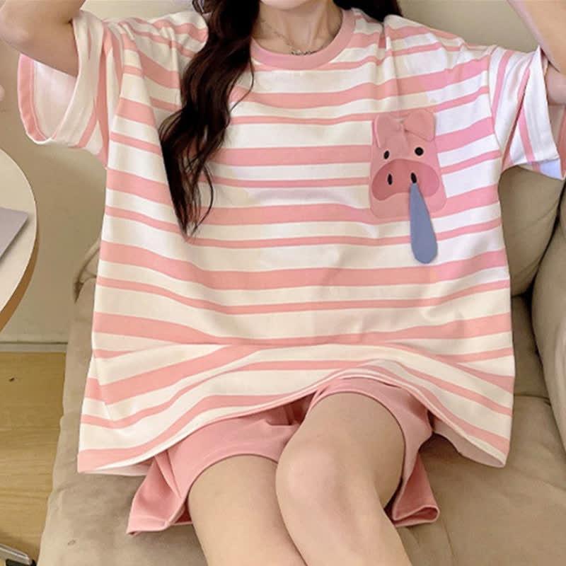 Pig Stripe Print Casual Summer Pajamas Two Piece Set  |   Pajamas