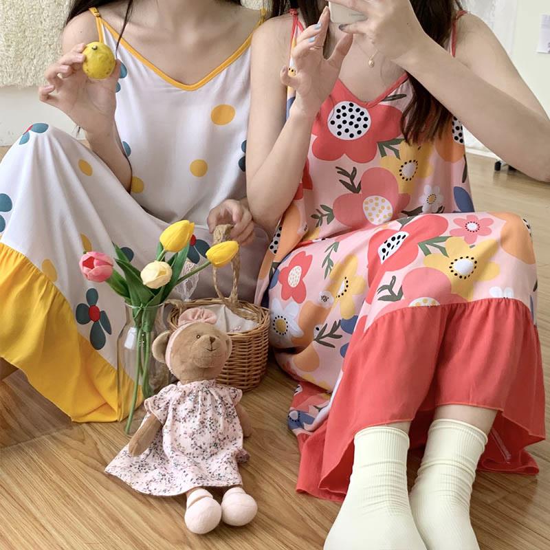 Sweet Flower Print Ruffle Slip Pajamas Dress  |   Pajamas Clothing Pajamas